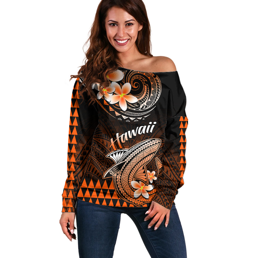 Hawaii Off Shoulder Sweater Polynesian Shark with Kakau Orange Version - Wonder Print Shop