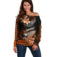 Hawaii Off Shoulder Sweater Polynesian Shark with Kakau Orange Version - Wonder Print Shop