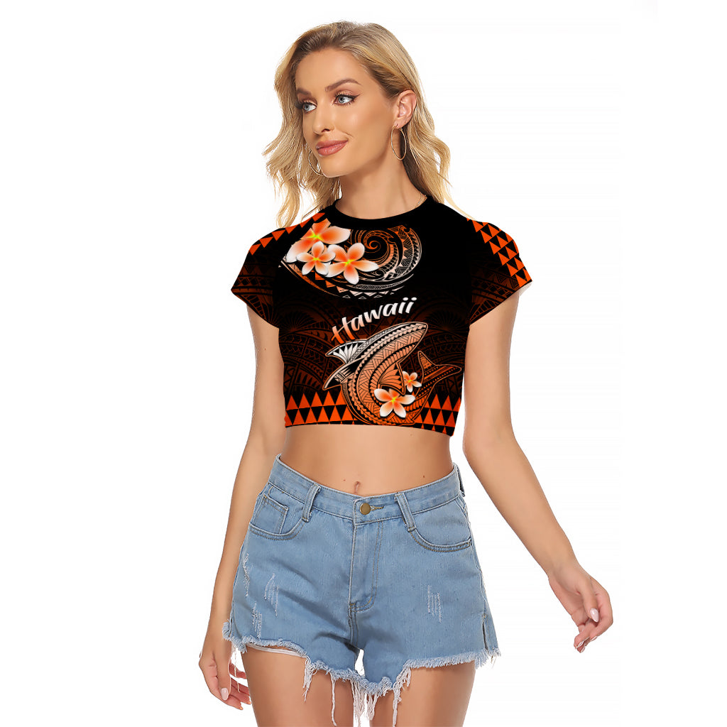 Hawaii Raglan Cropped T Shirt Polynesian Shark with Kakau Orange Version - Wonder Print Shop