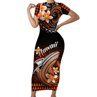 Hawaii Short Sleeve Bodycon Dress Polynesian Shark with Kakau Orange Version - Wonder Print Shop