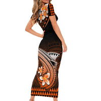 Hawaii Short Sleeve Bodycon Dress Polynesian Shark with Kakau Orange Version - Wonder Print Shop