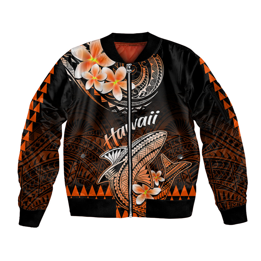 Hawaii Sleeve Zip Bomber Jacket Polynesian Shark with Kakau Orange Version - Wonder Print Shop