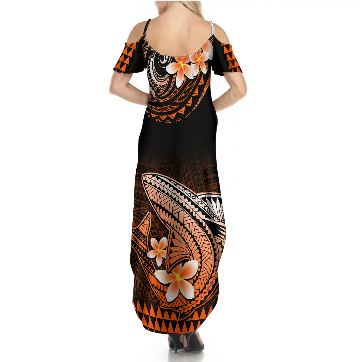 Hawaii Summer Maxi Dress Polynesian Shark with Kakau Orange Version - Wonder Print Shop