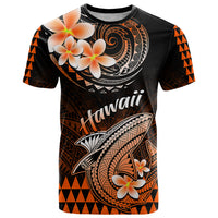 Black Hawaiian graphic T-shirt with orange shark, flowers, and Hawaii logo