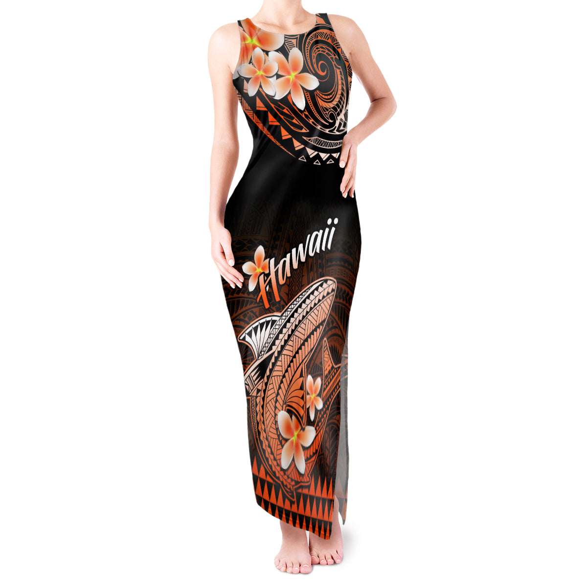Hawaii Tank Maxi Dress Polynesian Shark with Kakau Orange Version - Wonder Print Shop