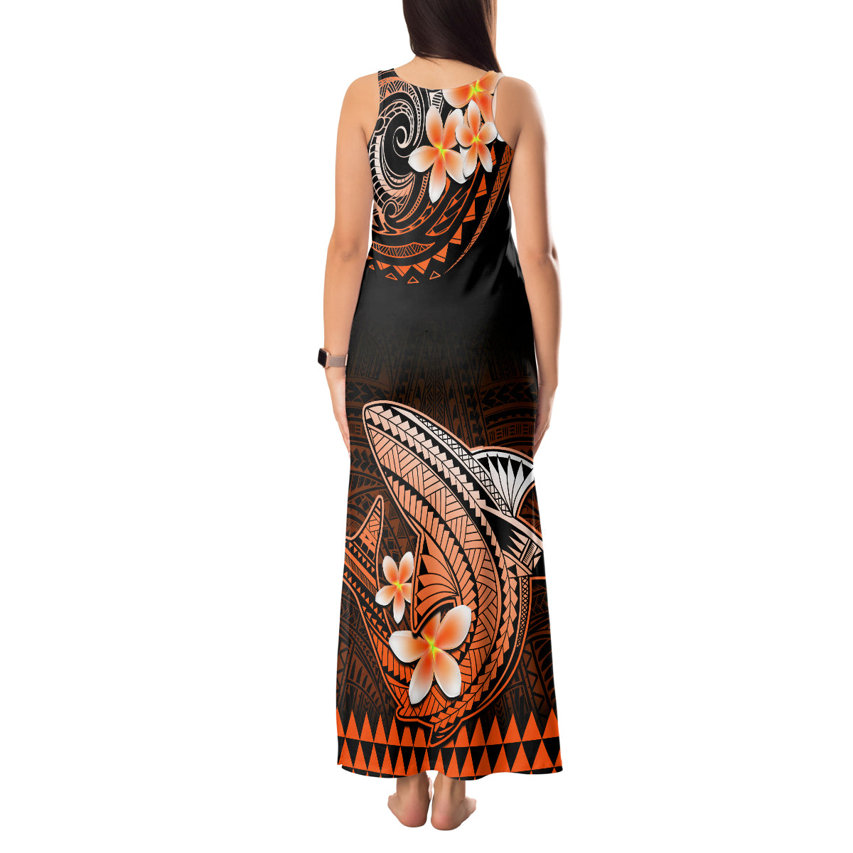 Hawaii Tank Maxi Dress Polynesian Shark with Kakau Orange Version - Wonder Print Shop