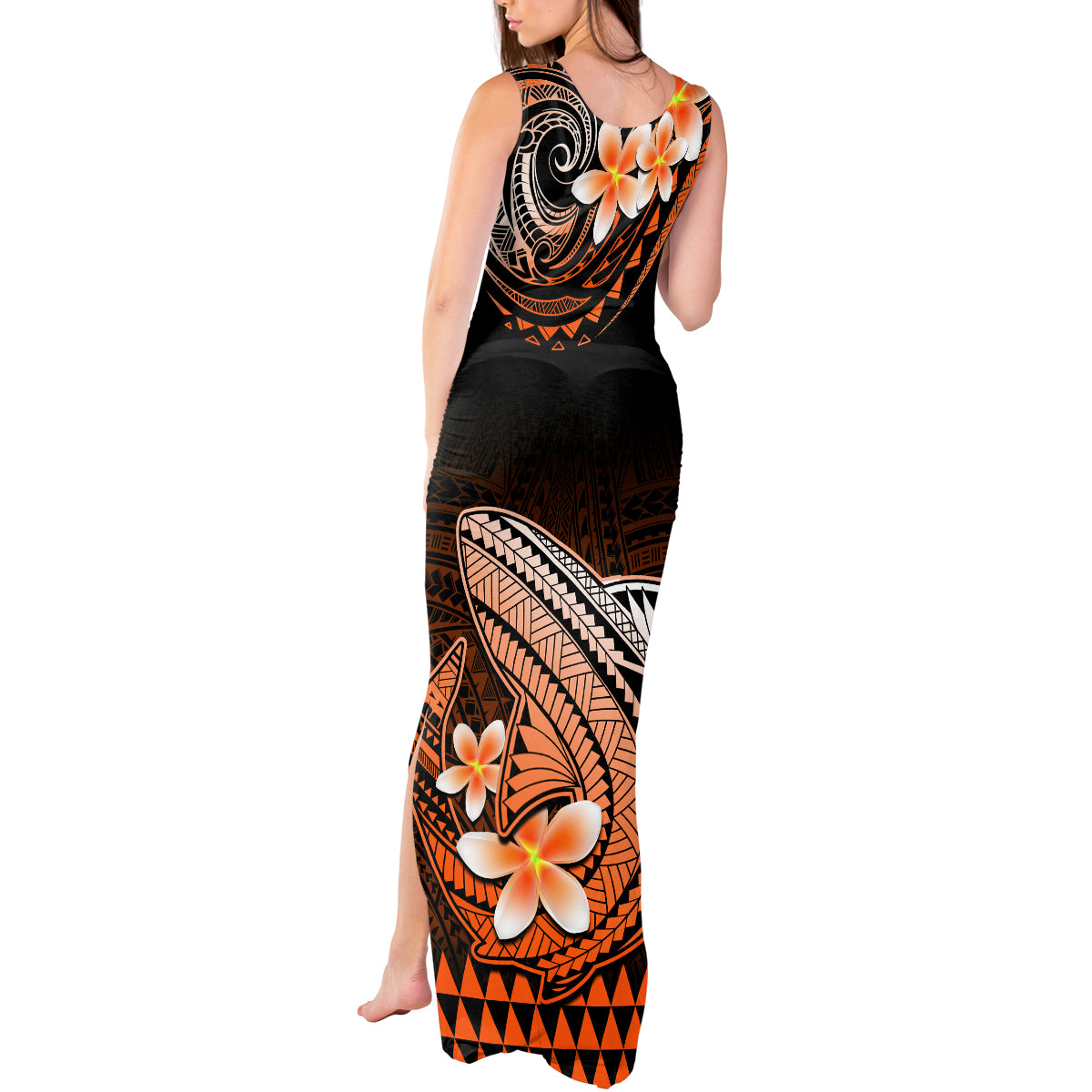 Hawaii Tank Maxi Dress Polynesian Shark with Kakau Orange Version - Wonder Print Shop