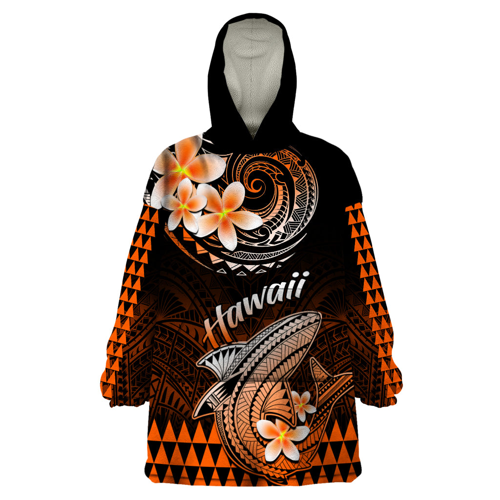 Hawaii Wearable Blanket Hoodie Polynesian Shark with Kakau Orange Version - Wonder Print Shop