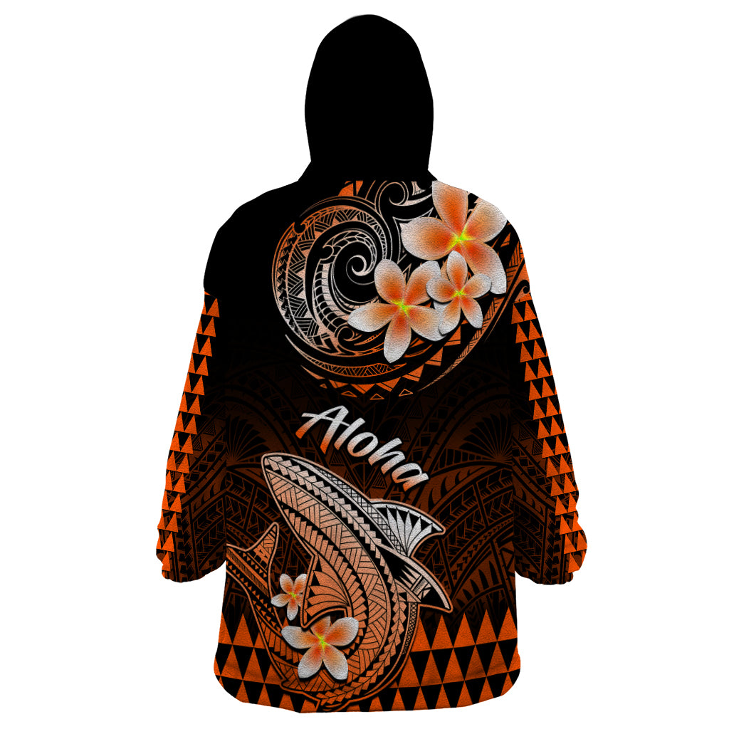 Hawaii Wearable Blanket Hoodie Polynesian Shark with Kakau Orange Version - Wonder Print Shop