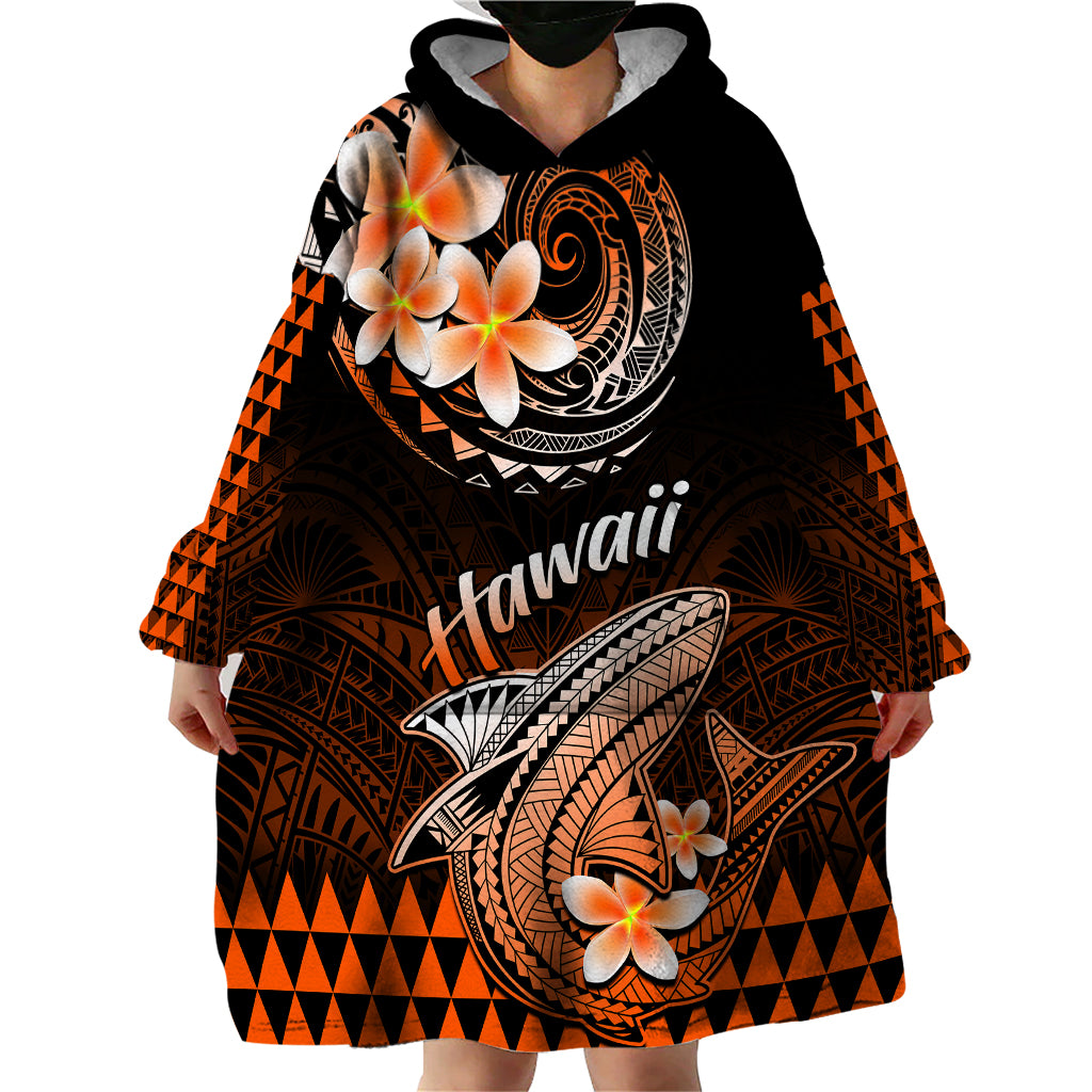 Hawaii Wearable Blanket Hoodie Polynesian Shark with Kakau Orange Version - Wonder Print Shop