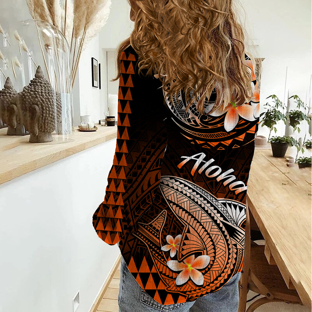 Hawaii Women Casual Shirt Polynesian Shark with Kakau Orange Version - Wonder Print Shop