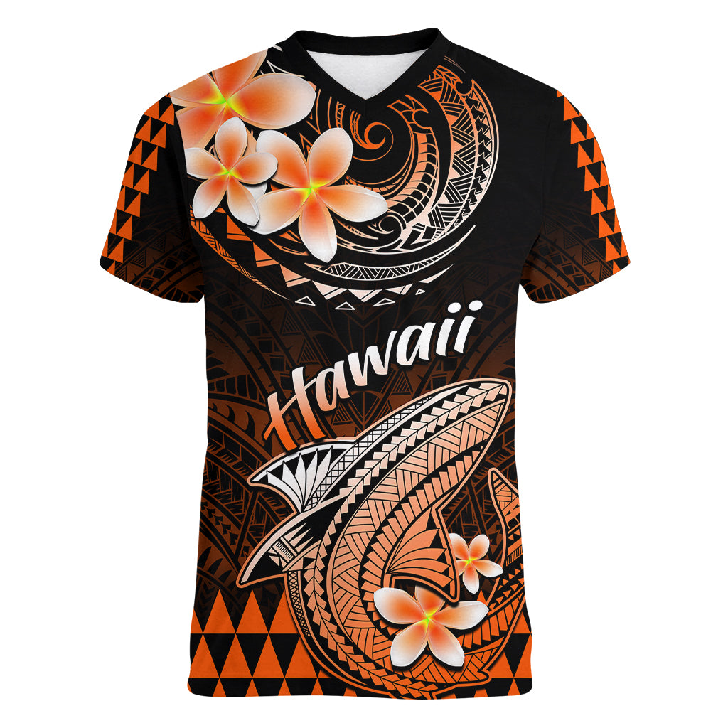 Hawaii Women V Neck T Shirt Polynesian Shark with Kakau Orange Version - Wonder Print Shop