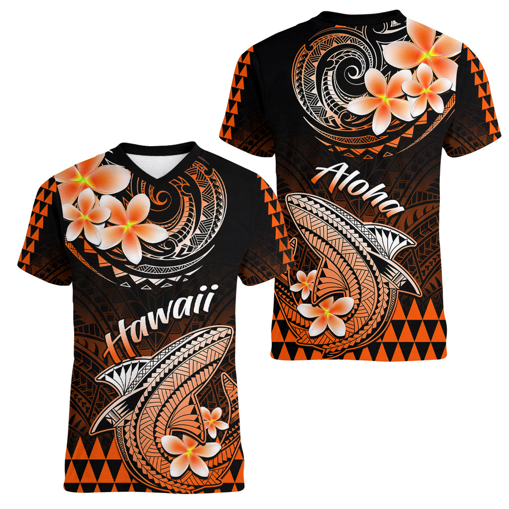 Hawaii Women V Neck T Shirt Polynesian Shark with Kakau Orange Version - Wonder Print Shop