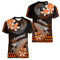 Hawaii Women V Neck T Shirt Polynesian Shark with Kakau Orange Version - Wonder Print Shop