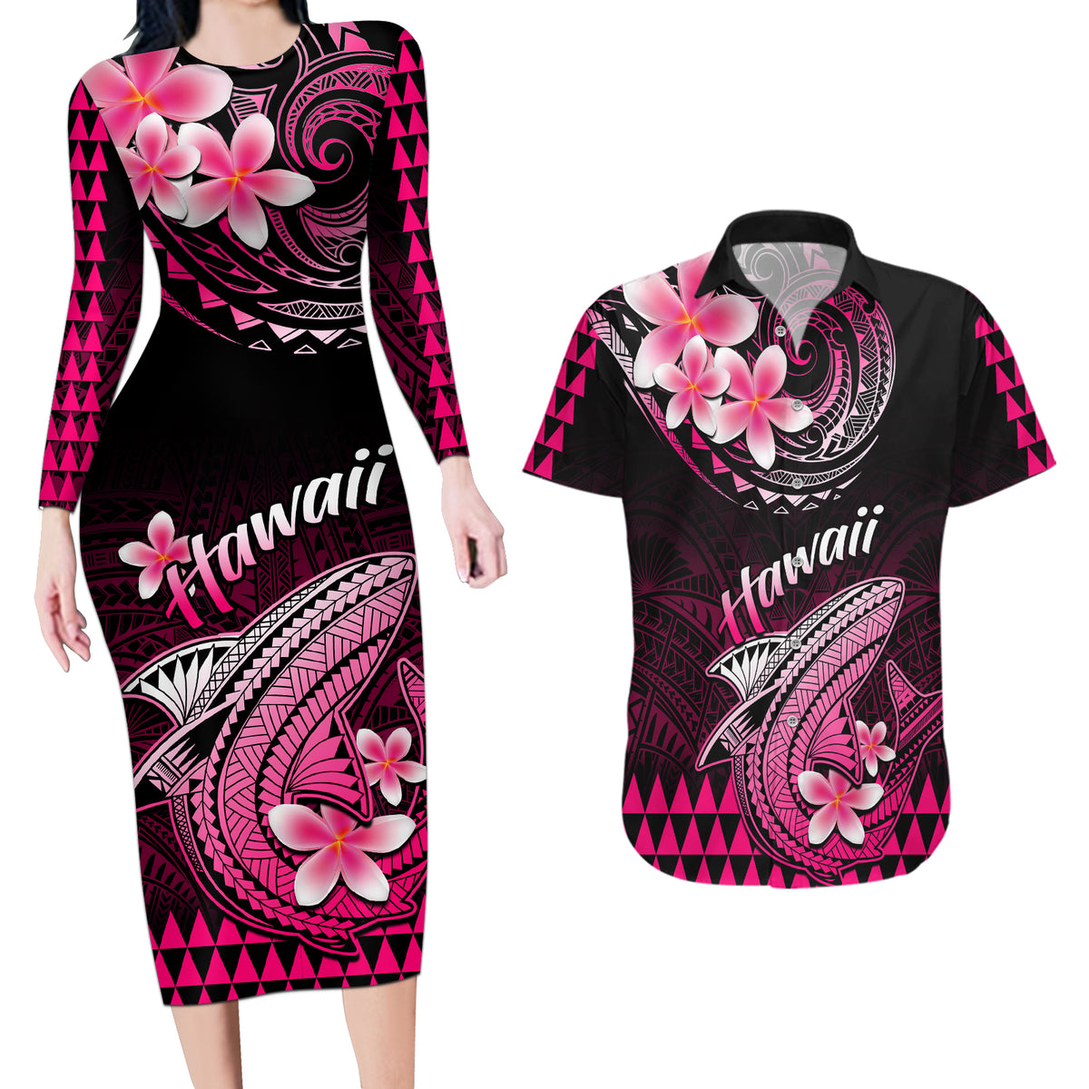 Hawaii Couples Matching Long Sleeve Bodycon Dress and Hawaiian Shirt Polynesian Shark with Kakau Pink Version - Wonder Print Shop