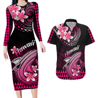 Hawaii Couples Matching Long Sleeve Bodycon Dress and Hawaiian Shirt Polynesian Shark with Kakau Pink Version - Wonder Print Shop