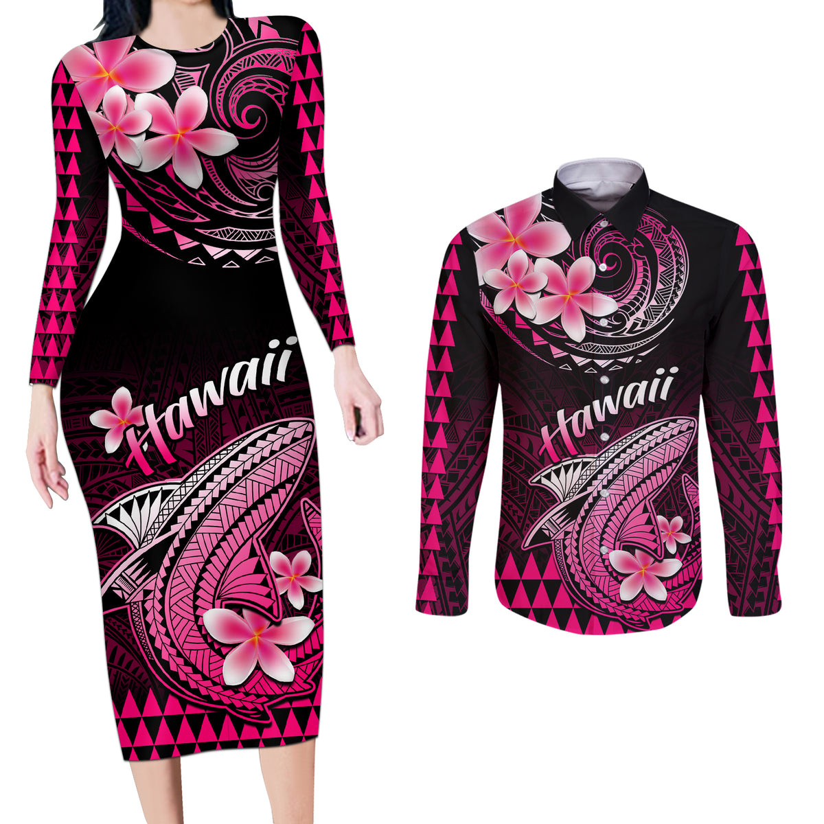 Hawaii Couples Matching Long Sleeve Bodycon Dress and Long Sleeve Button Shirts Polynesian Shark with Kakau Pink Version - Wonder Print Shop
