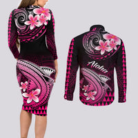 Hawaii Couples Matching Long Sleeve Bodycon Dress and Long Sleeve Button Shirts Polynesian Shark with Kakau Pink Version - Wonder Print Shop