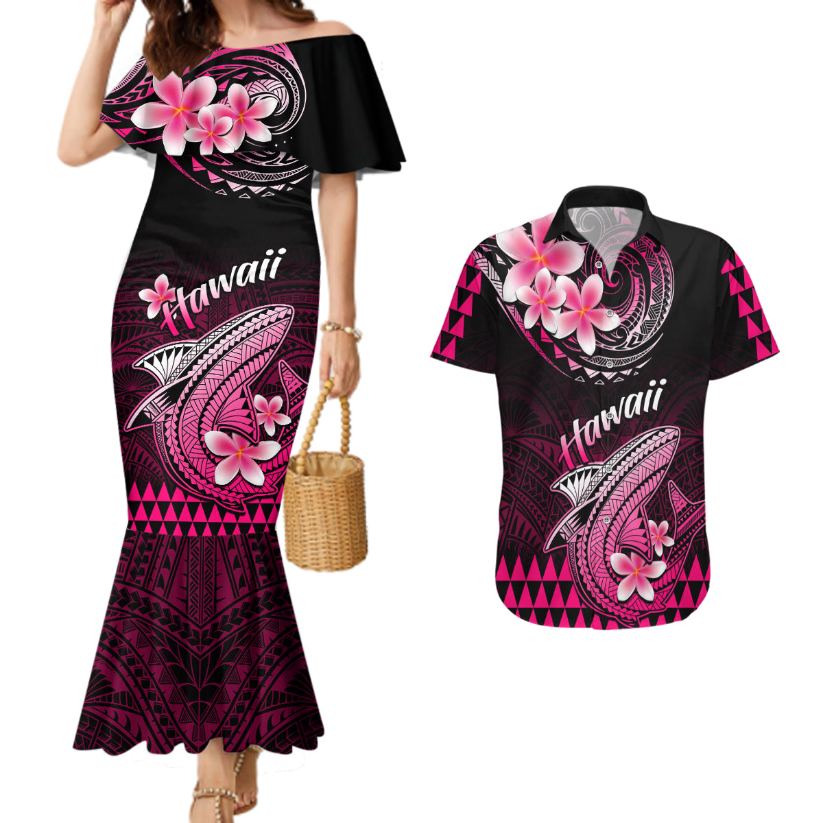 Hawaii Couples Matching Mermaid Dress and Hawaiian Shirt Polynesian Shark with Kakau Pink Version - Wonder Print Shop
