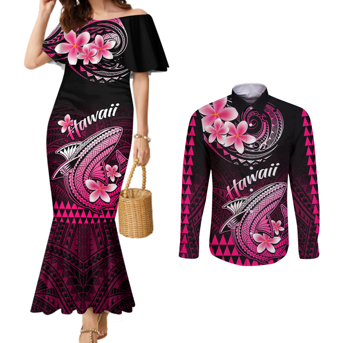 hawaii-couples-matching-mermaid-dress-and-long-sleeve-button-shirts-polynesian-shark-with-kakau-pink-version