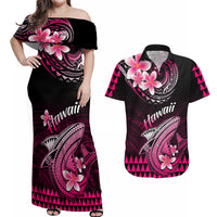 Hawaii Couples Matching Off Shoulder Maxi Dress and Hawaiian Shirt Polynesian Shark with Kakau Pink Version - Wonder Print Shop