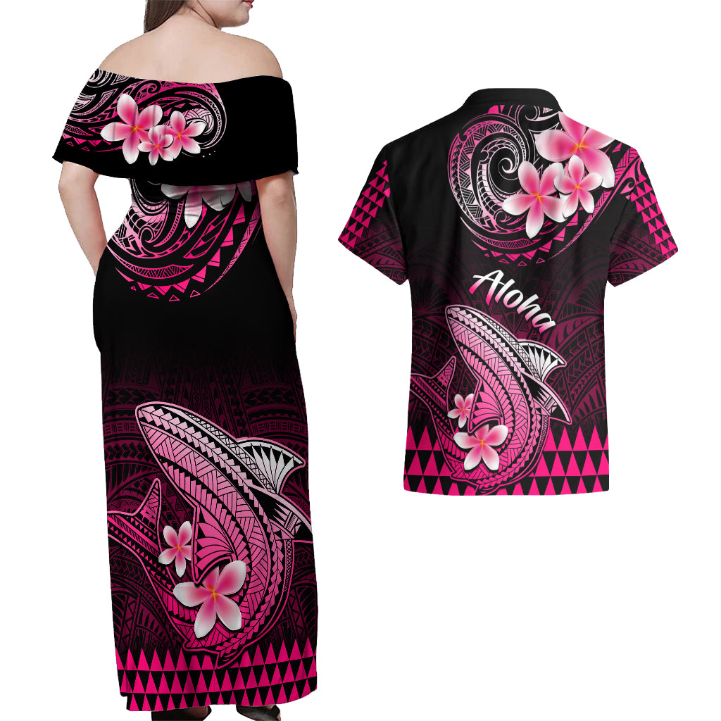 Hawaii Couples Matching Off Shoulder Maxi Dress and Hawaiian Shirt Polynesian Shark with Kakau Pink Version - Wonder Print Shop