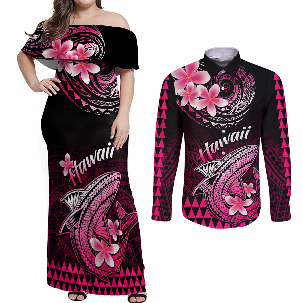 Hawaii Couples Matching Off Shoulder Maxi Dress and Long Sleeve Button Shirts Polynesian Shark with Kakau Pink Version - Wonder Print Shop