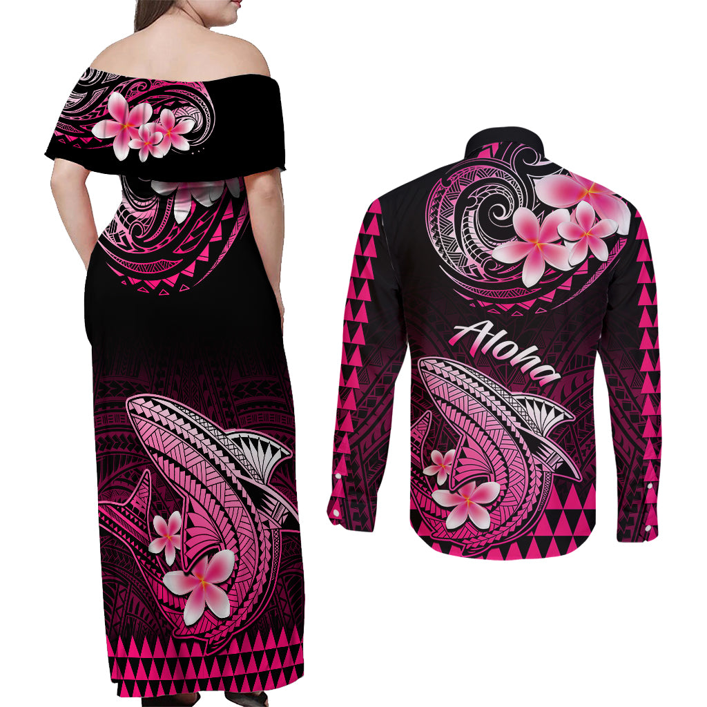 Hawaii Couples Matching Off Shoulder Maxi Dress and Long Sleeve Button Shirts Polynesian Shark with Kakau Pink Version - Wonder Print Shop