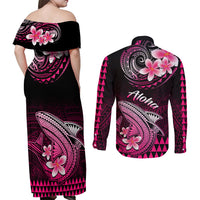 Hawaii Couples Matching Off Shoulder Maxi Dress and Long Sleeve Button Shirts Polynesian Shark with Kakau Pink Version - Wonder Print Shop
