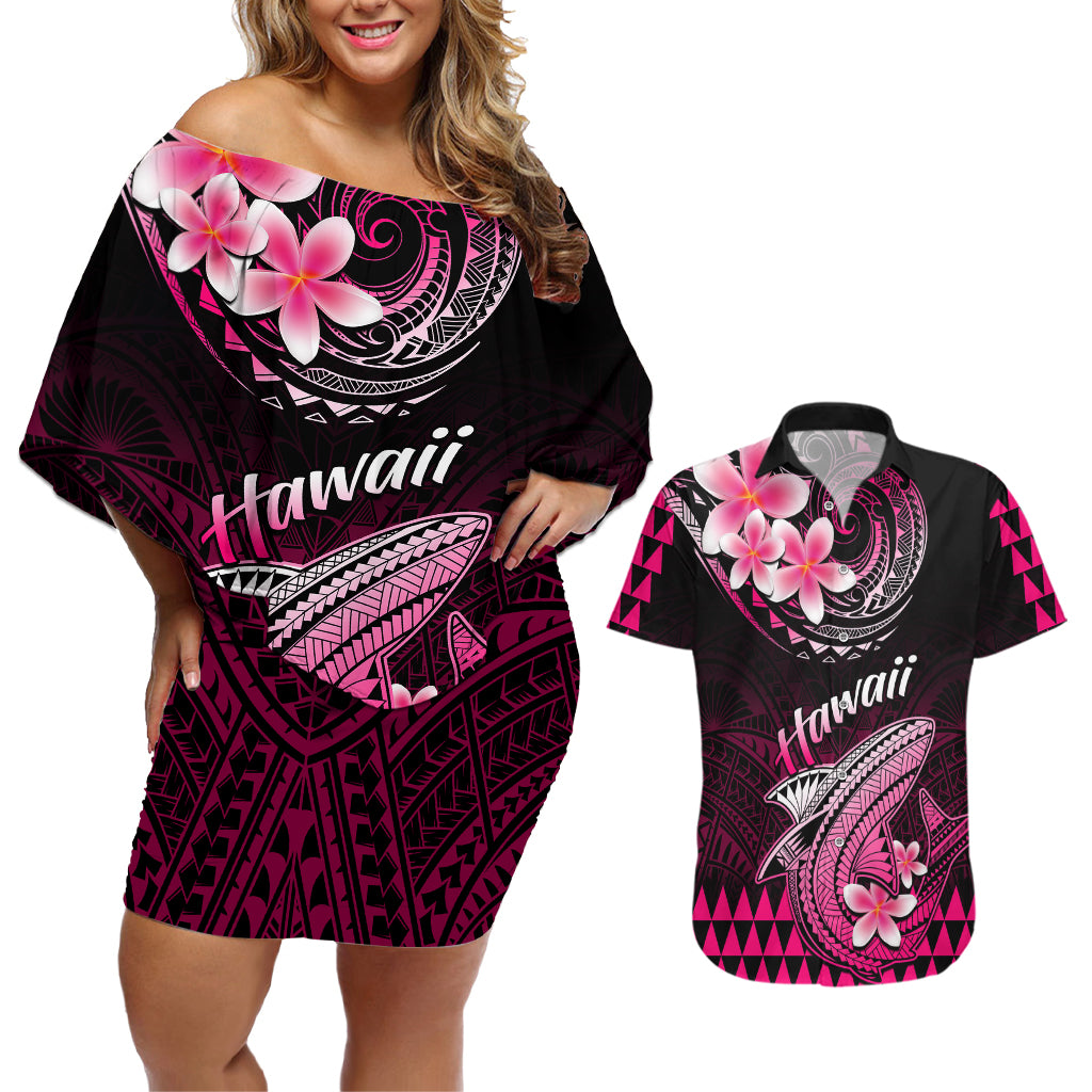 Hawaii Couples Matching Off Shoulder Short Dress and Hawaiian Shirt Polynesian Shark with Kakau Pink Version - Wonder Print Shop
