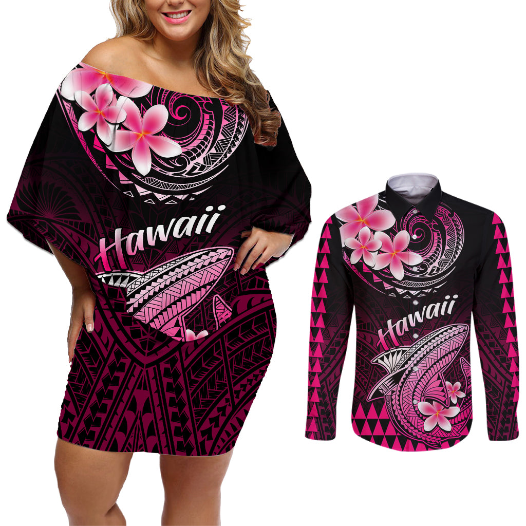 Hawaii Couples Matching Off Shoulder Short Dress and Long Sleeve Button Shirts Polynesian Shark with Kakau Pink Version - Wonder Print Shop