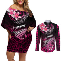 Hawaii Couples Matching Off Shoulder Short Dress and Long Sleeve Button Shirts Polynesian Shark with Kakau Pink Version - Wonder Print Shop