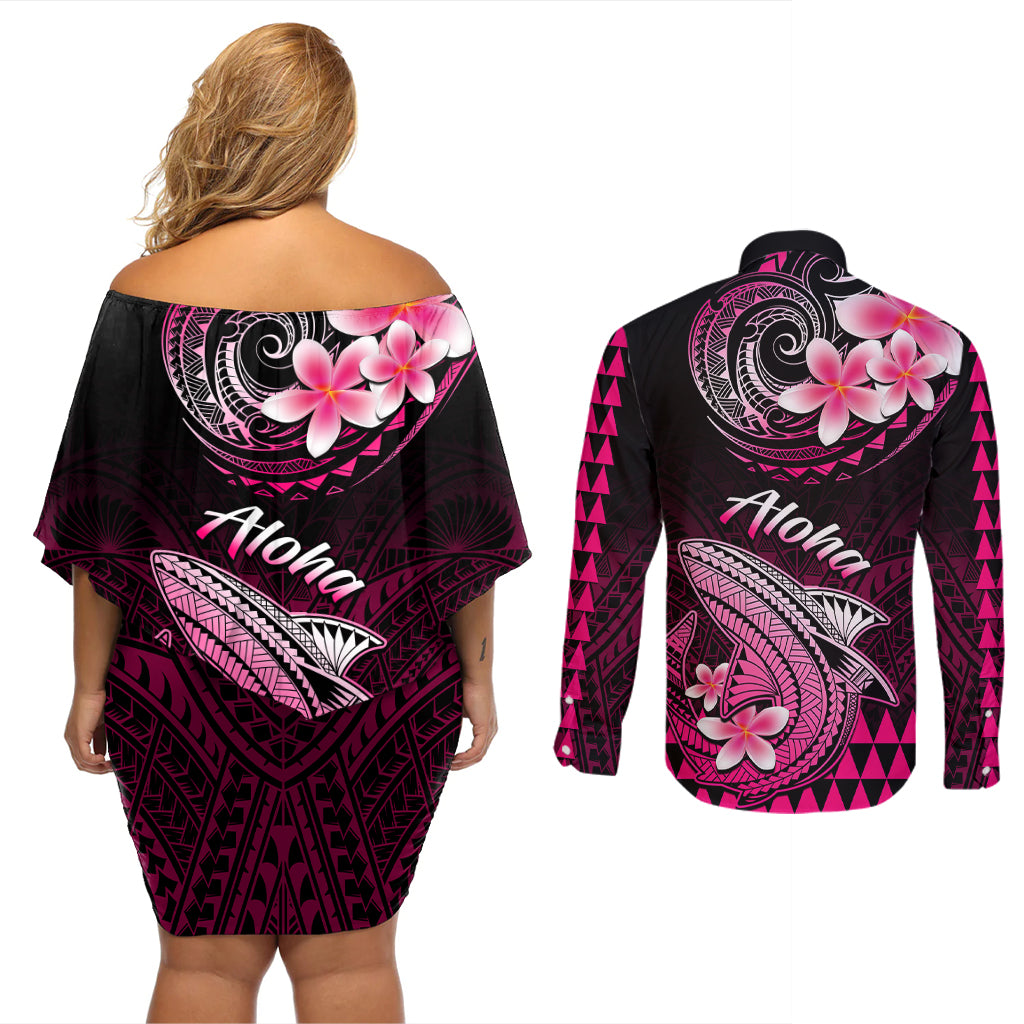 Hawaii Couples Matching Off Shoulder Short Dress and Long Sleeve Button Shirts Polynesian Shark with Kakau Pink Version - Wonder Print Shop