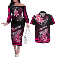 Hawaii Couples Matching Off The Shoulder Long Sleeve Dress and Hawaiian Shirt Polynesian Shark with Kakau Pink Version - Wonder Print Shop