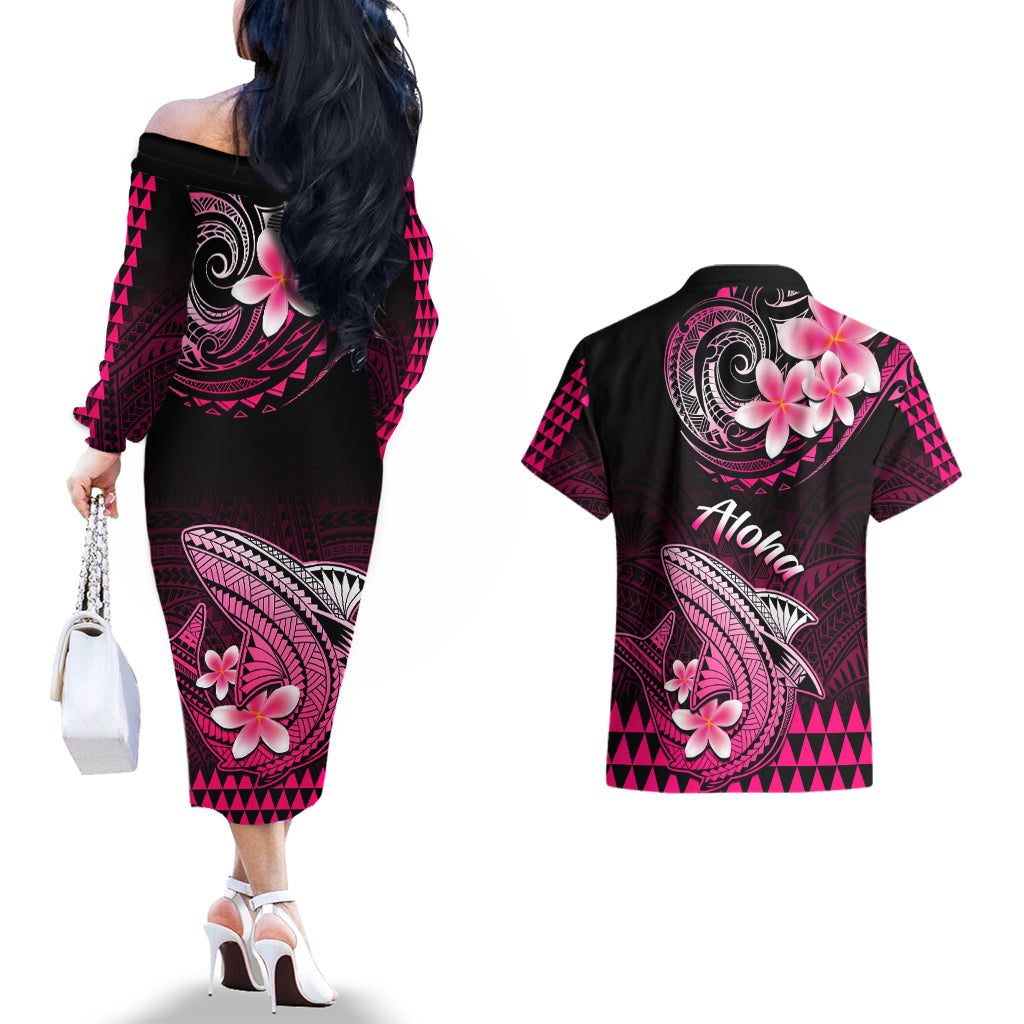 Hawaii Couples Matching Off The Shoulder Long Sleeve Dress and Hawaiian Shirt Polynesian Shark with Kakau Pink Version - Wonder Print Shop
