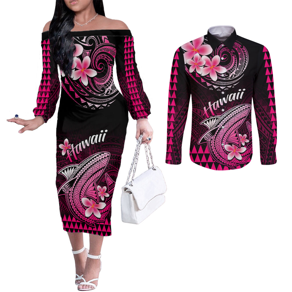hawaii-couples-matching-off-the-shoulder-long-sleeve-dress-and-long-sleeve-button-shirts-polynesian-shark-with-kakau-pink-version