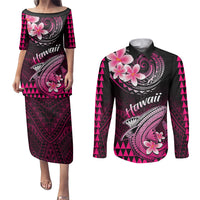 Hawaii Couples Matching Puletasi Dress and Long Sleeve Button Shirts Polynesian Shark with Kakau Pink Version - Wonder Print Shop