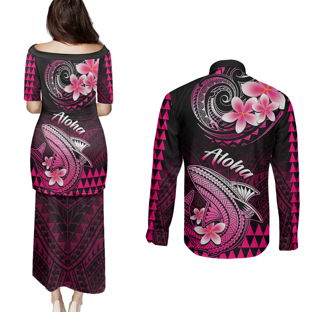 Hawaii Couples Matching Puletasi Dress and Long Sleeve Button Shirts Polynesian Shark with Kakau Pink Version - Wonder Print Shop