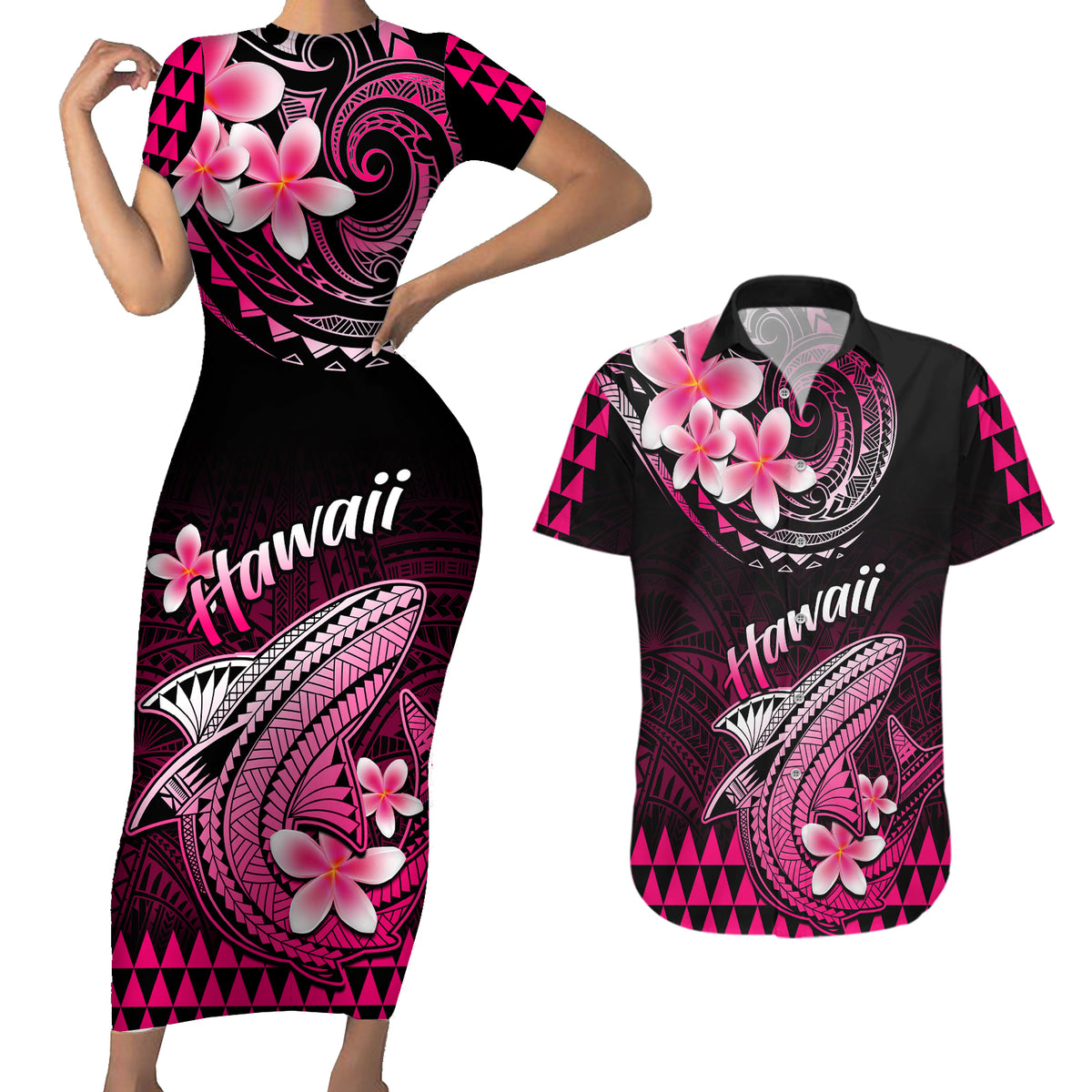 Hawaii Couples Matching Short Sleeve Bodycon Dress and Hawaiian Shirt Polynesian Shark with Kakau Pink Version - Wonder Print Shop