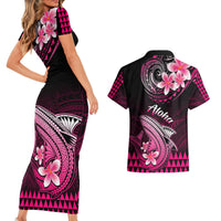 Hawaii Couples Matching Short Sleeve Bodycon Dress and Hawaiian Shirt Polynesian Shark with Kakau Pink Version - Wonder Print Shop