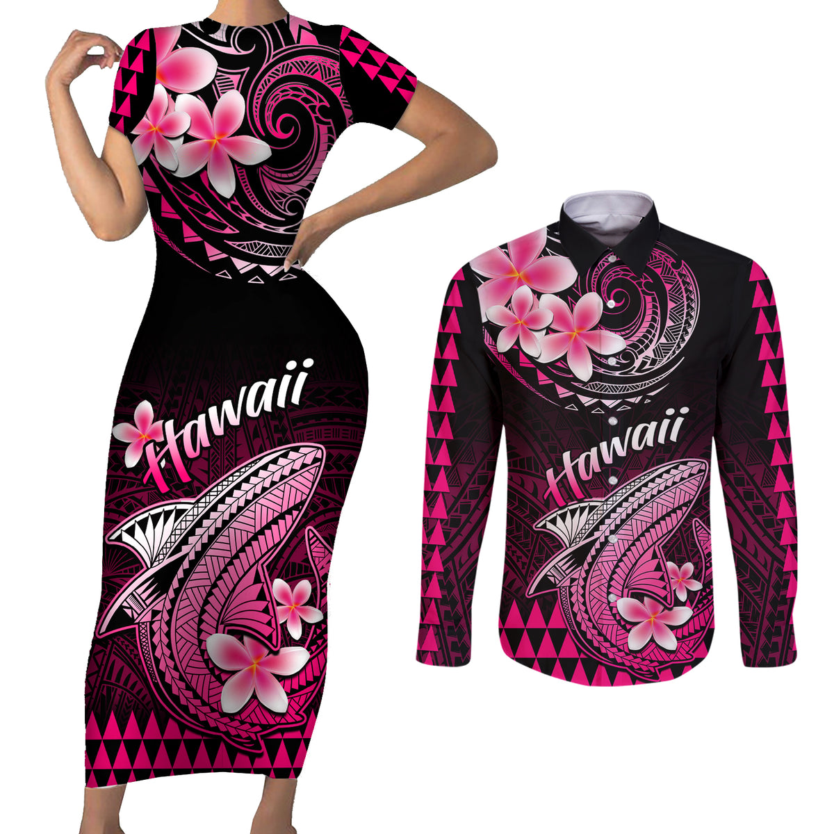 Hawaii Couples Matching Short Sleeve Bodycon Dress and Long Sleeve Button Shirts Polynesian Shark with Kakau Pink Version - Wonder Print Shop