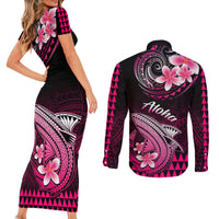 Hawaii Couples Matching Short Sleeve Bodycon Dress and Long Sleeve Button Shirts Polynesian Shark with Kakau Pink Version - Wonder Print Shop