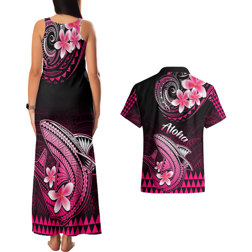 Hawaii Couples Matching Tank Maxi Dress and Hawaiian Shirt Polynesian Shark with Kakau Pink Version - Wonder Print Shop