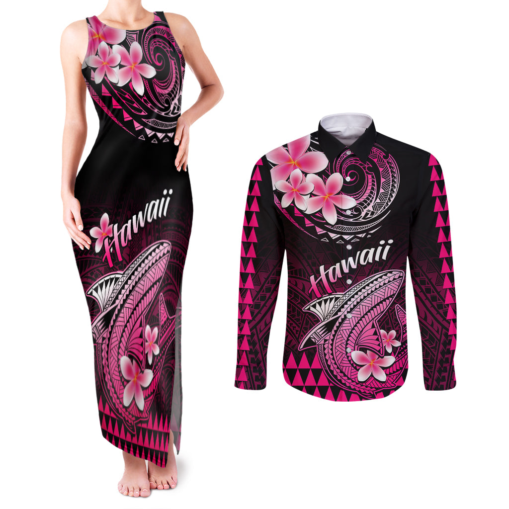 Hawaii Couples Matching Tank Maxi Dress and Long Sleeve Button Shirts Polynesian Shark with Kakau Pink Version - Wonder Print Shop