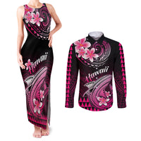 Hawaii Couples Matching Tank Maxi Dress and Long Sleeve Button Shirts Polynesian Shark with Kakau Pink Version - Wonder Print Shop