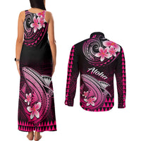 Hawaii Couples Matching Tank Maxi Dress and Long Sleeve Button Shirts Polynesian Shark with Kakau Pink Version - Wonder Print Shop