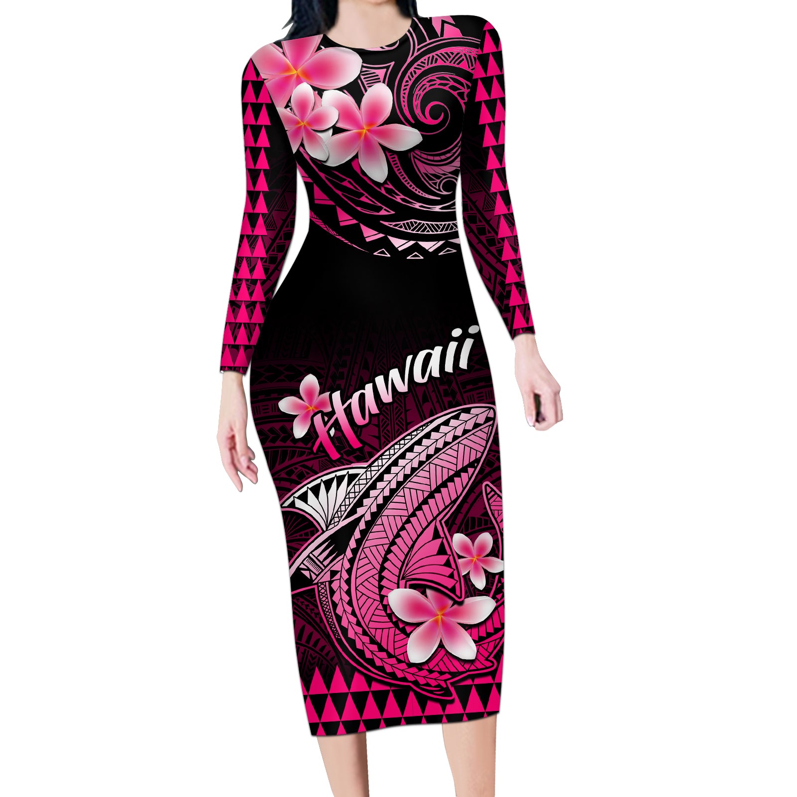 Hawaii Long Sleeve Bodycon Dress Polynesian Shark with Kakau Pink Version - Wonder Print Shop