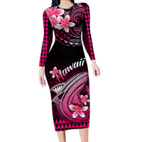 Hawaii Long Sleeve Bodycon Dress Polynesian Shark with Kakau Pink Version - Wonder Print Shop