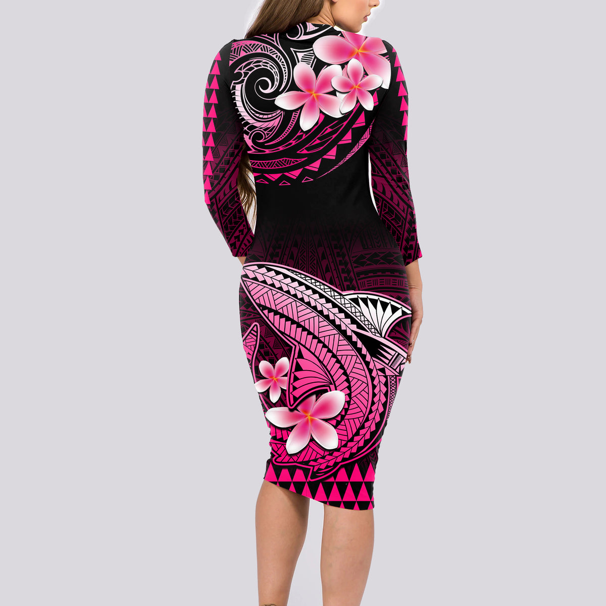 Hawaii Long Sleeve Bodycon Dress Polynesian Shark with Kakau Pink Version - Wonder Print Shop