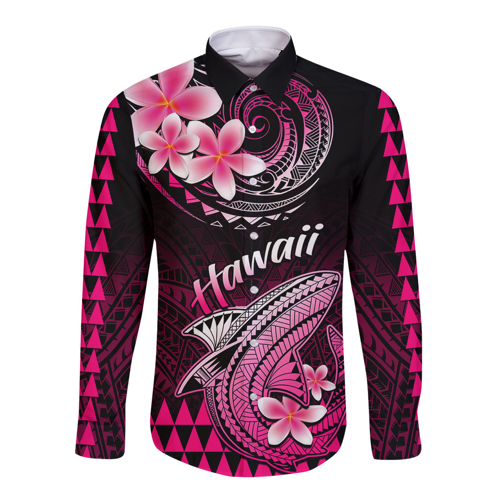 Hawaii Long Sleeve Button Shirt Polynesian Shark with Kakau Pink Version - Wonder Print Shop